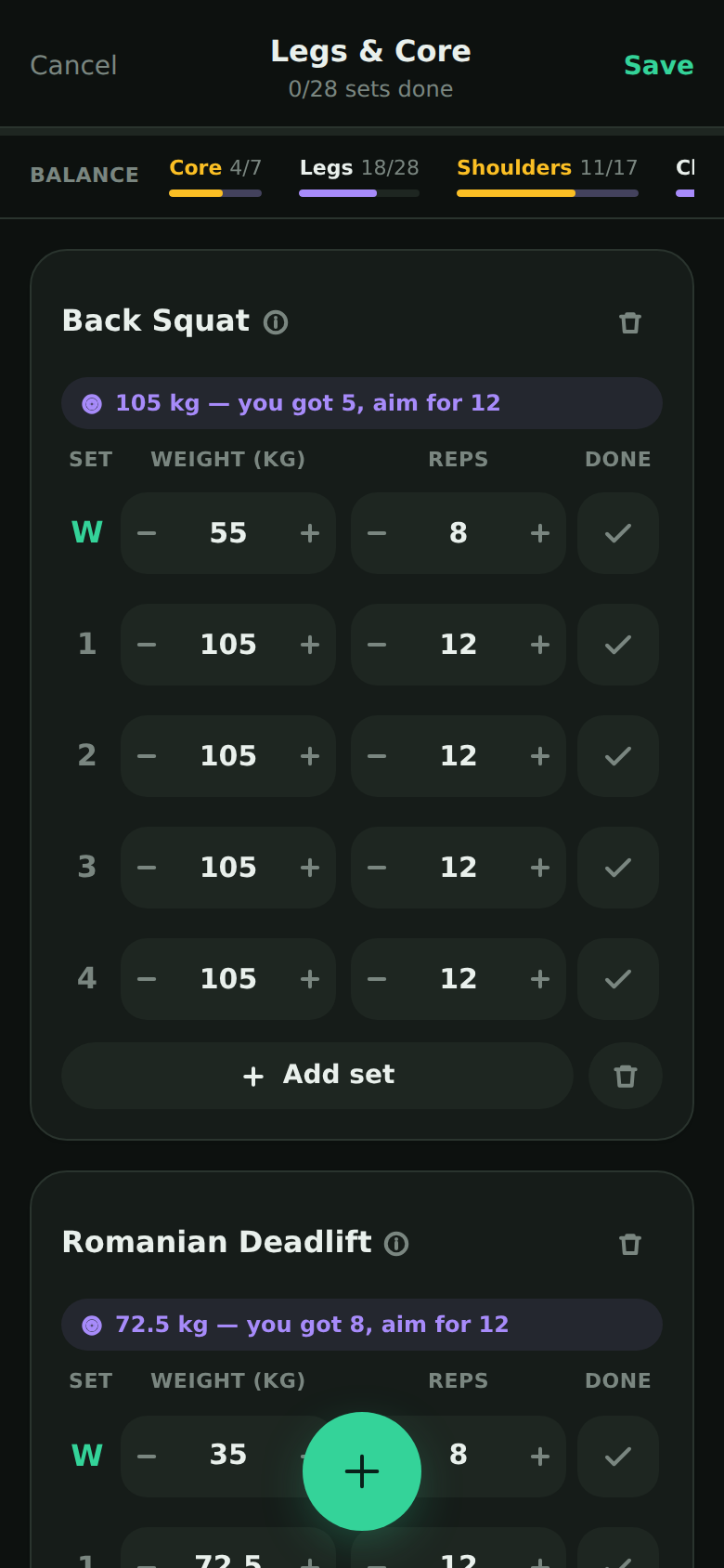 Set logger with each set pre-filled with its next target, and a coached note above