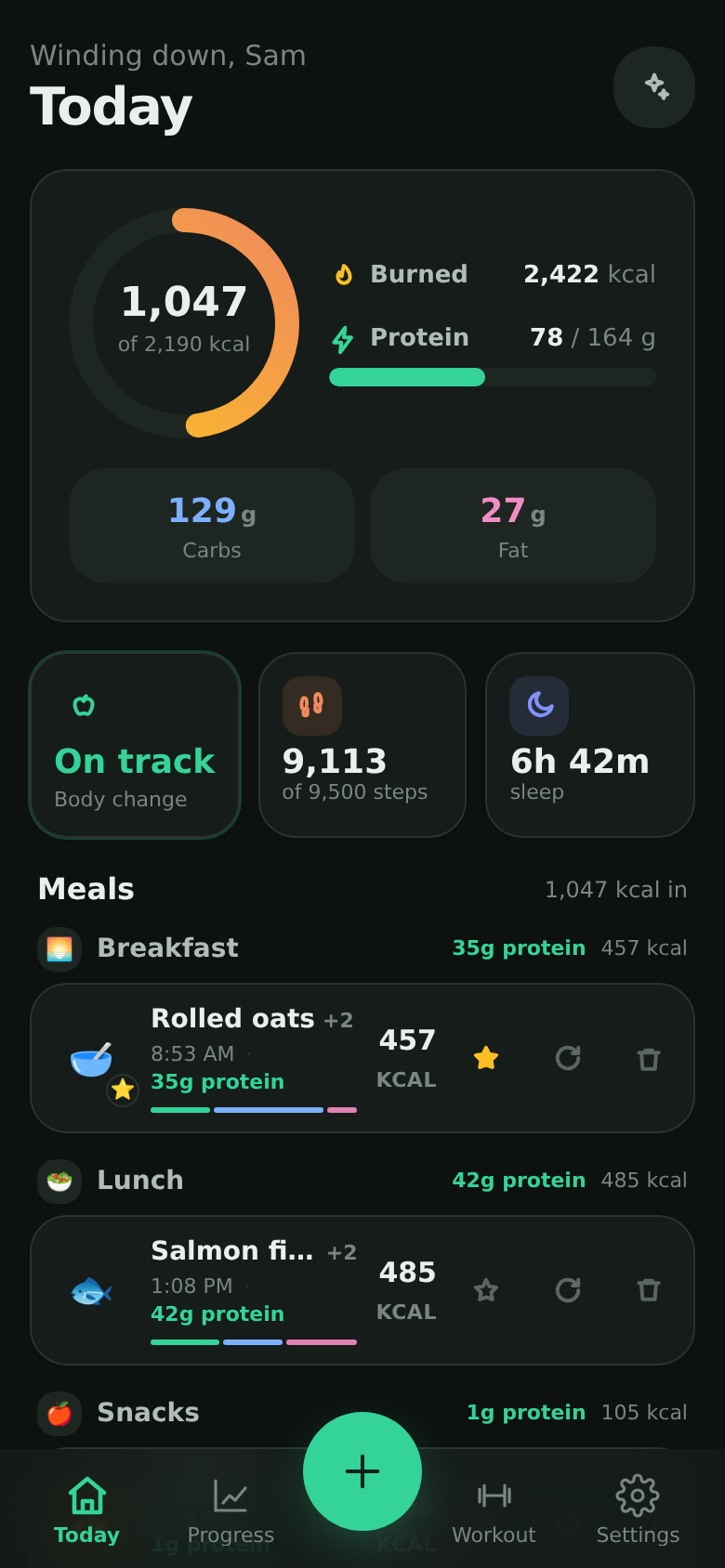 Today screen showing calories, protein, steps and today's activity